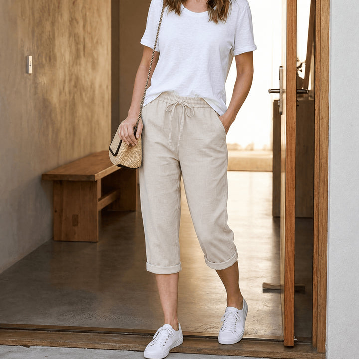 Women's Linen-Look Summer Capri Pants with Drawstring Waist