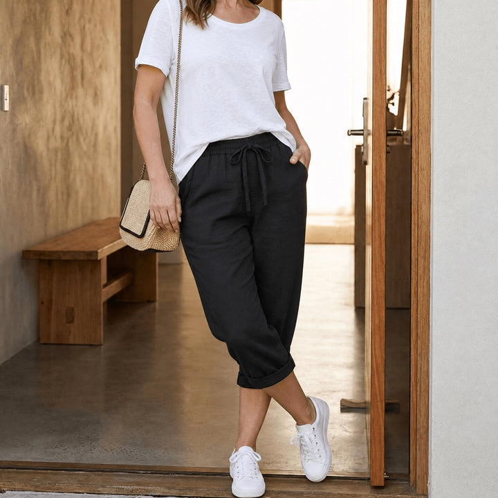 Women's Linen-Look Summer Capri Pants with Drawstring Waist
