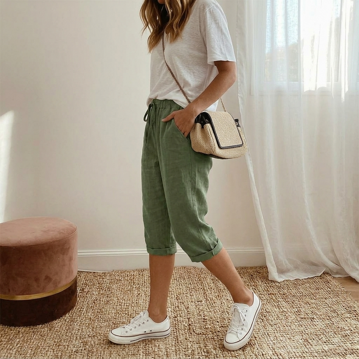 Women's Linen-Look Summer Capri Pants with Drawstring Waist
