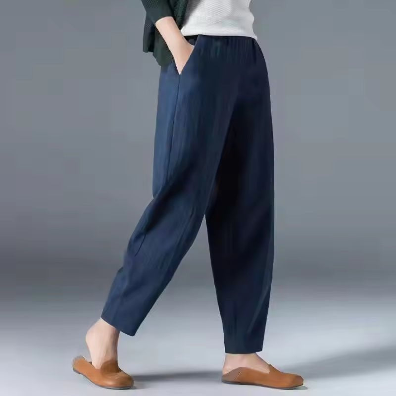 Women's Linen-Look Summer Pants with Elastic Waist and Pockets