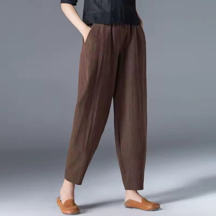 Women's Linen-Look Summer Pants with Elastic Waist and Pockets