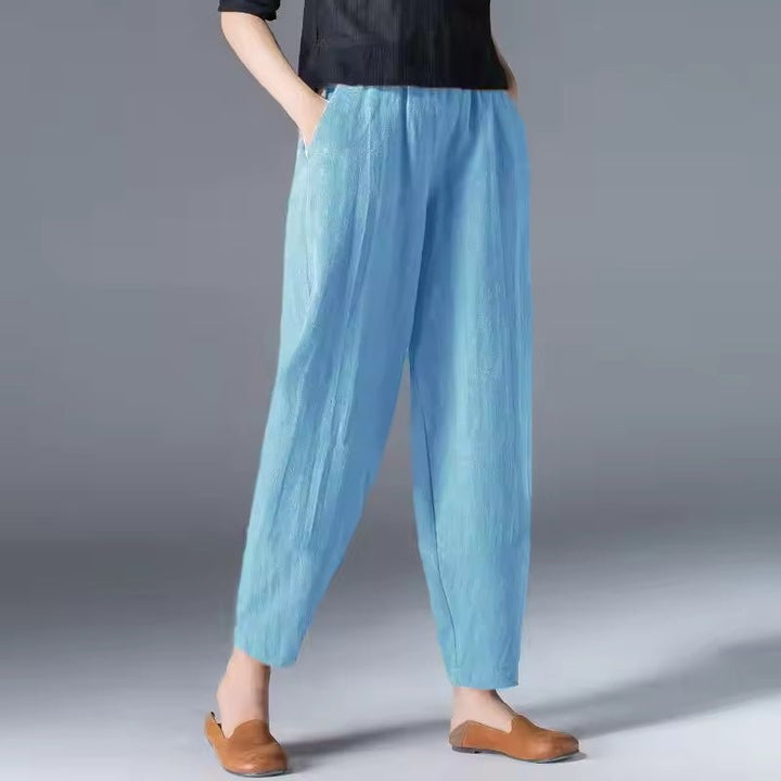 Women's Linen-Look Summer Pants with Elastic Waist and Pockets