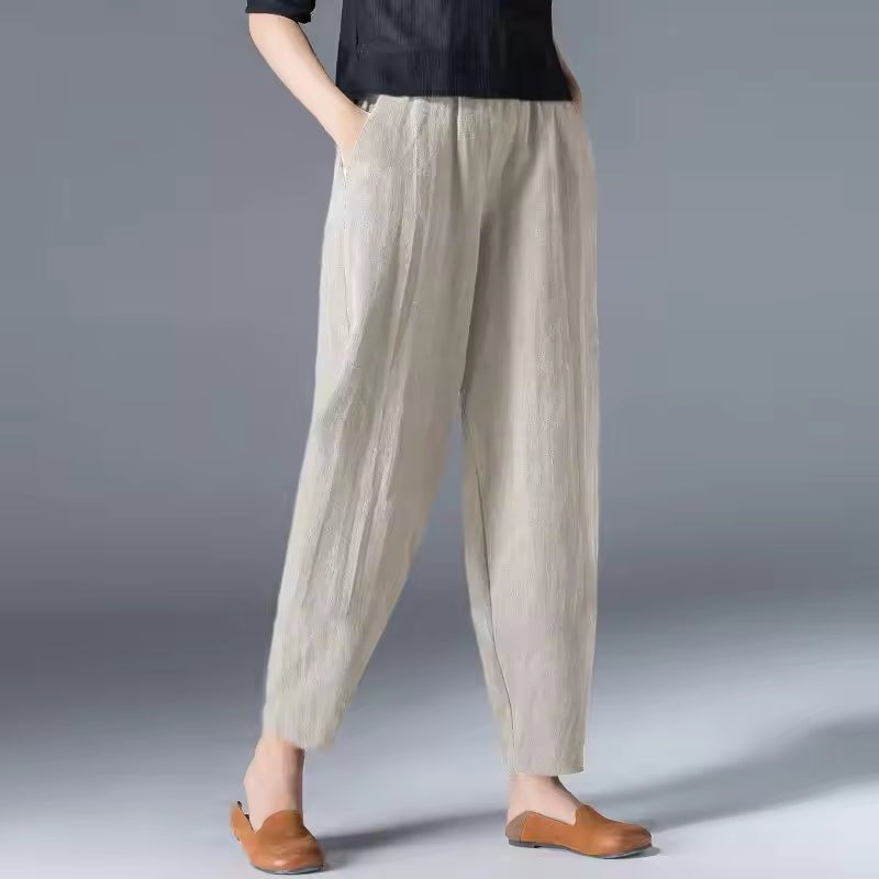 Women's Linen-Look Summer Pants with Elastic Waist and Pockets