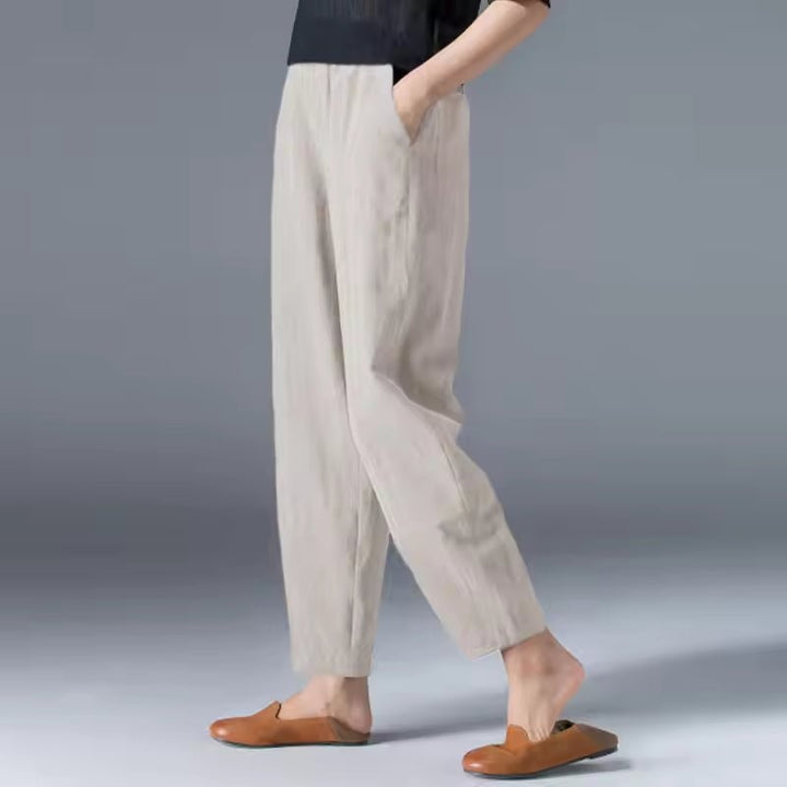 Women's Linen-Look Summer Pants with Elastic Waist and Pockets