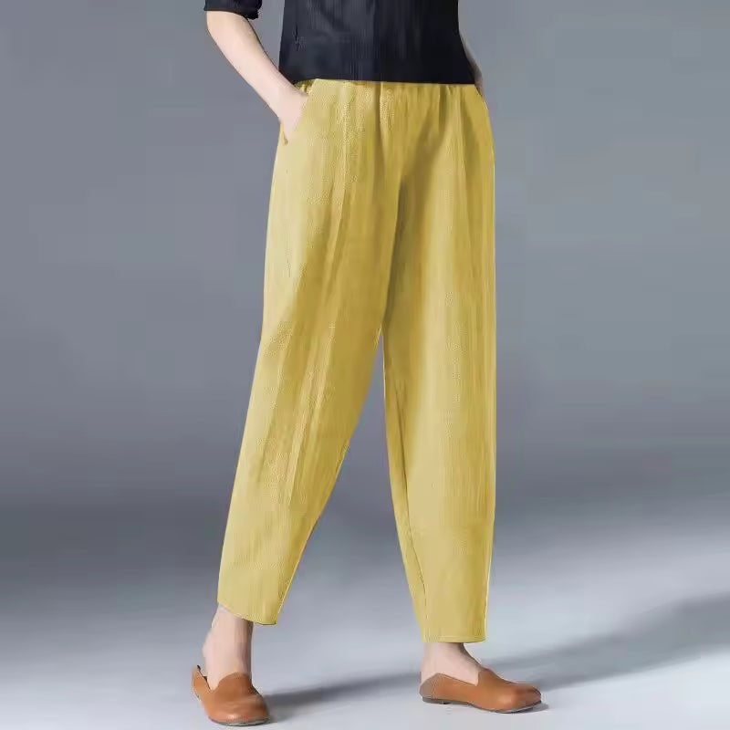 Women's Linen-Look Summer Pants with Elastic Waist and Pockets