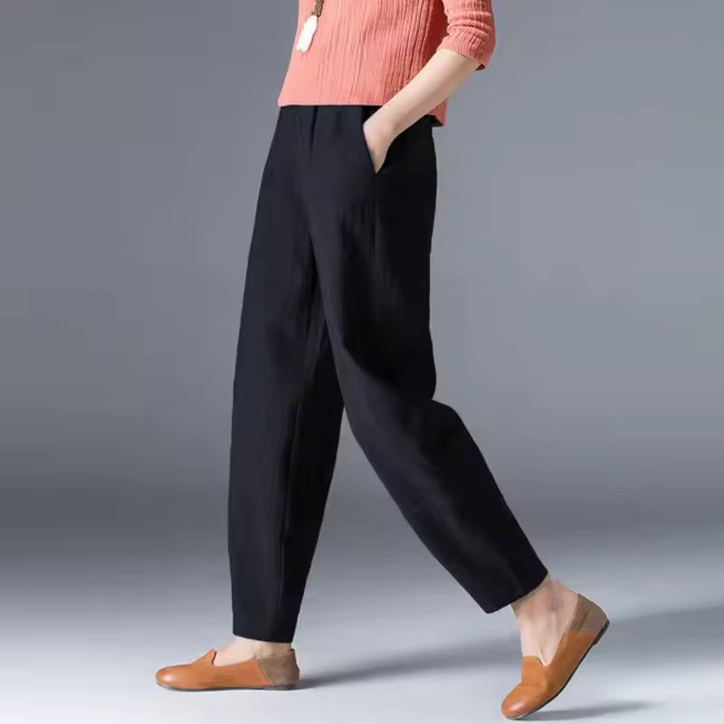 Women's Linen-Look Summer Pants with Elastic Waist and Pockets