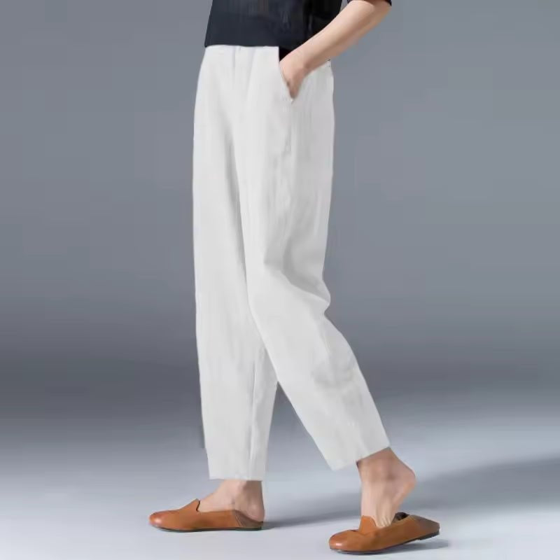 Women's Linen-Look Summer Pants with Elastic Waist and Pockets