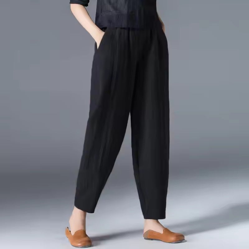 Women's Linen-Look Summer Pants with Elastic Waist and Pockets