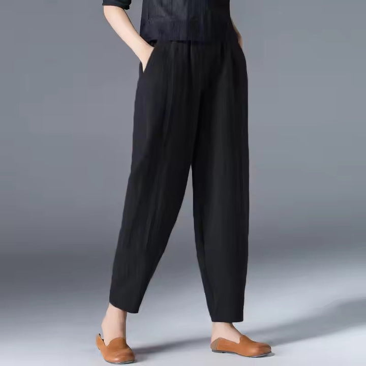 Women's Linen-Look Summer Pants with Elastic Waist and Pockets