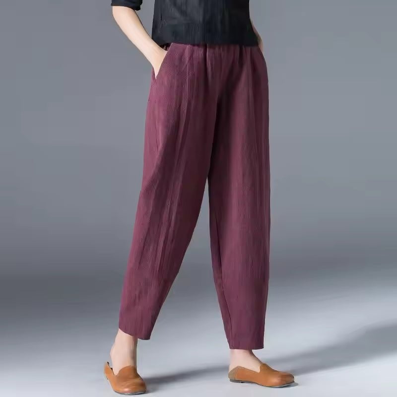 Women's Linen-Look Summer Pants with Elastic Waist and Pockets