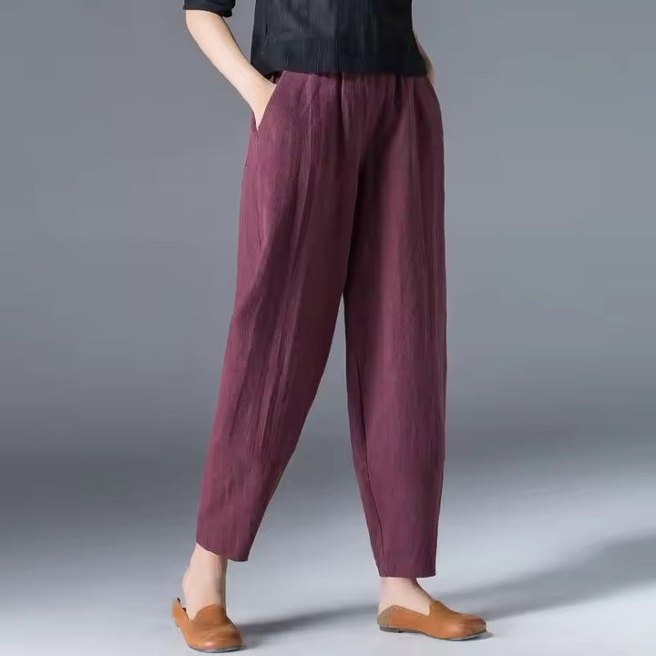 Women's Linen-Look Summer Pants with Elastic Waist and Pockets