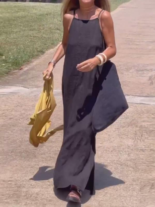 Women's Linen Maxi Dress Sleeveless High Neck