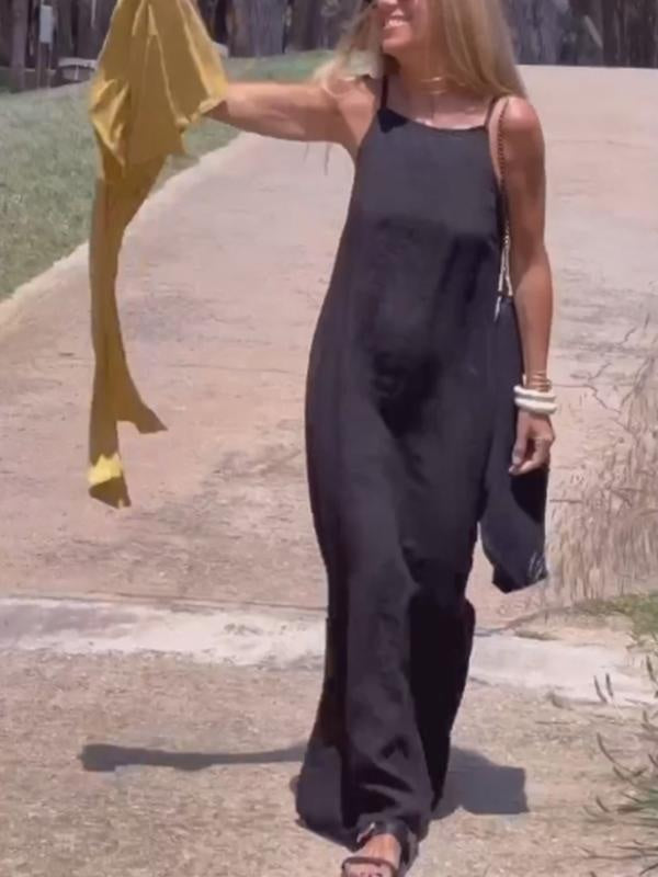 Women's Linen Maxi Dress Sleeveless High Neck
