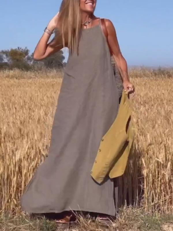 Women's Linen Maxi Dress Sleeveless High Neck
