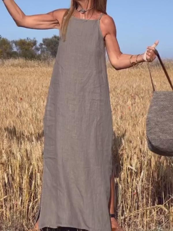 Women's Linen Maxi Dress Sleeveless High Neck