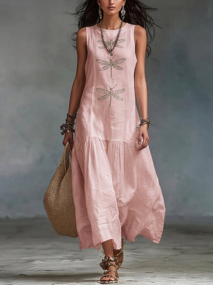 Women's Linen Maxi Dress Sleeveless with Dragonfly Embroidery