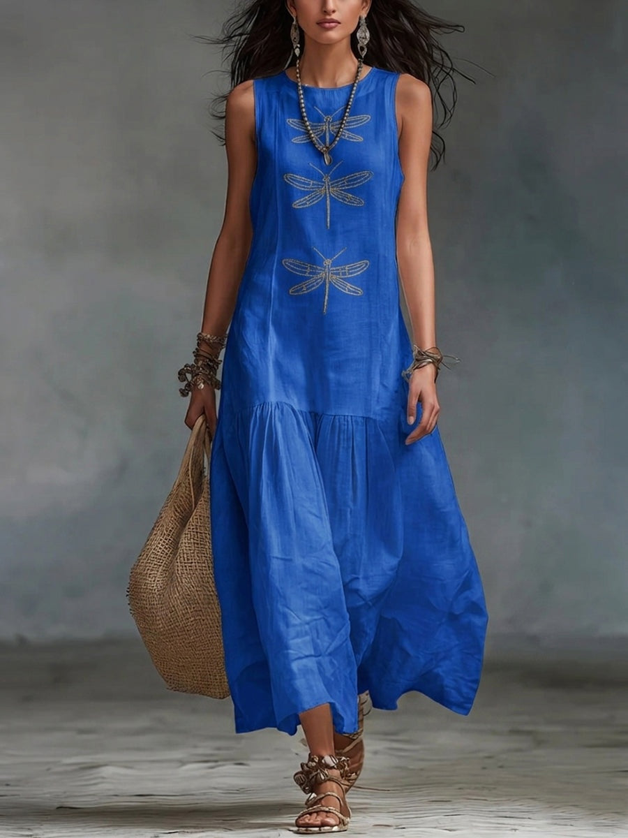 Women's Linen Maxi Dress Sleeveless with Dragonfly Embroidery