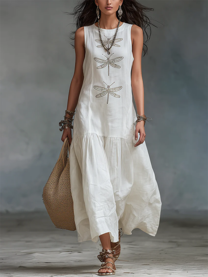 Women's Linen Maxi Dress Sleeveless with Dragonfly Embroidery
