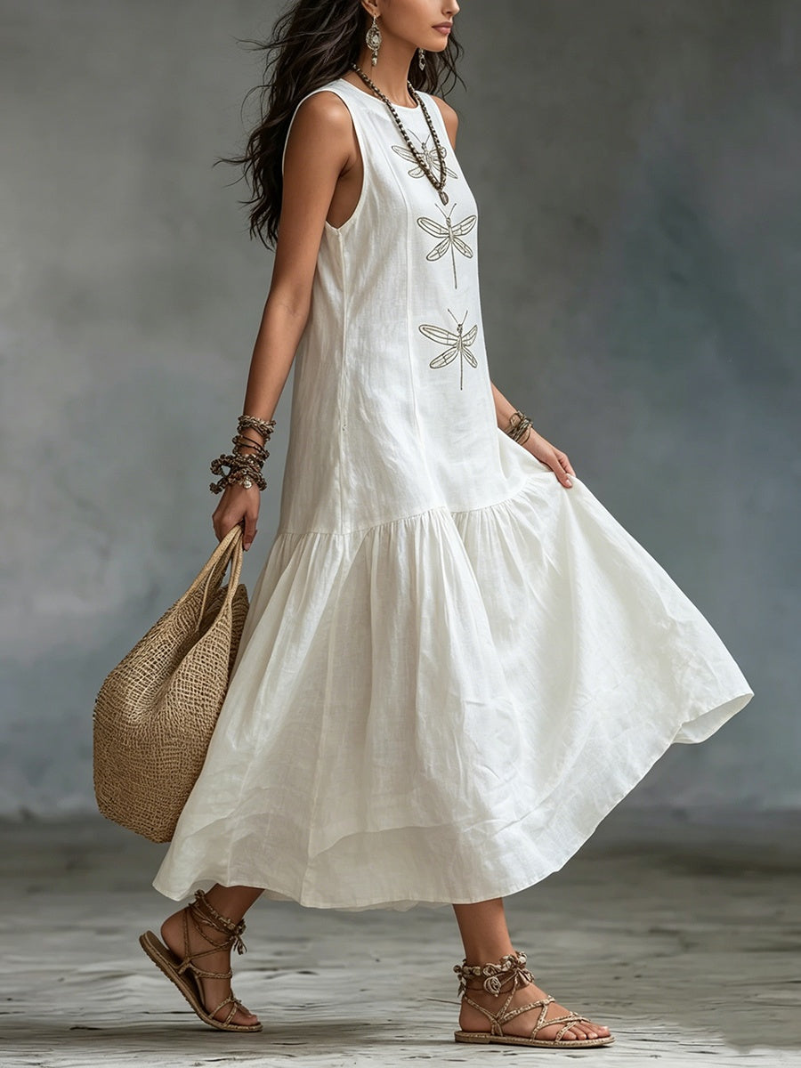 Women's Linen Maxi Dress Sleeveless with Dragonfly Embroidery