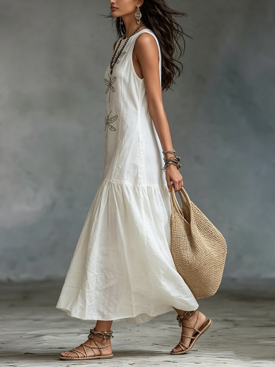 Women's Linen Maxi Dress Sleeveless with Dragonfly Embroidery
