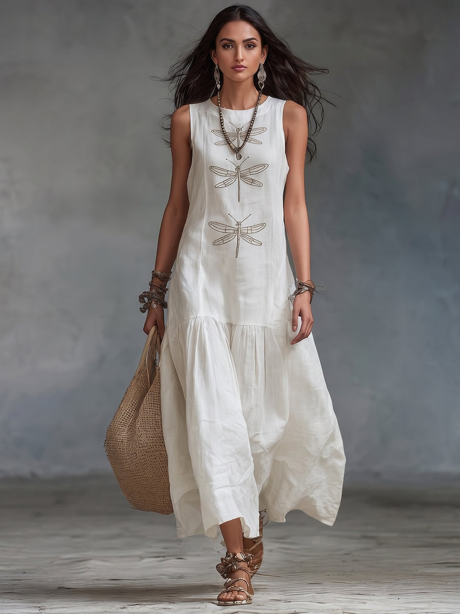 Women's Linen Maxi Dress Sleeveless with Dragonfly Embroidery