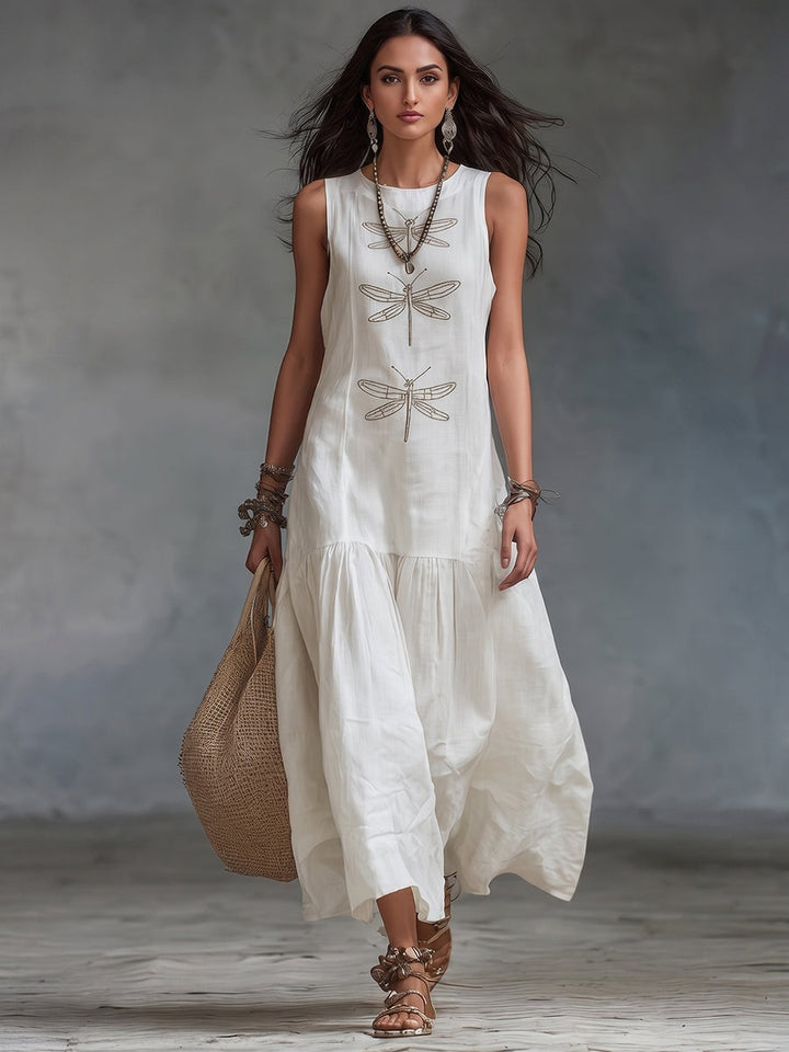 Women's Linen Maxi Dress Sleeveless with Dragonfly Embroidery