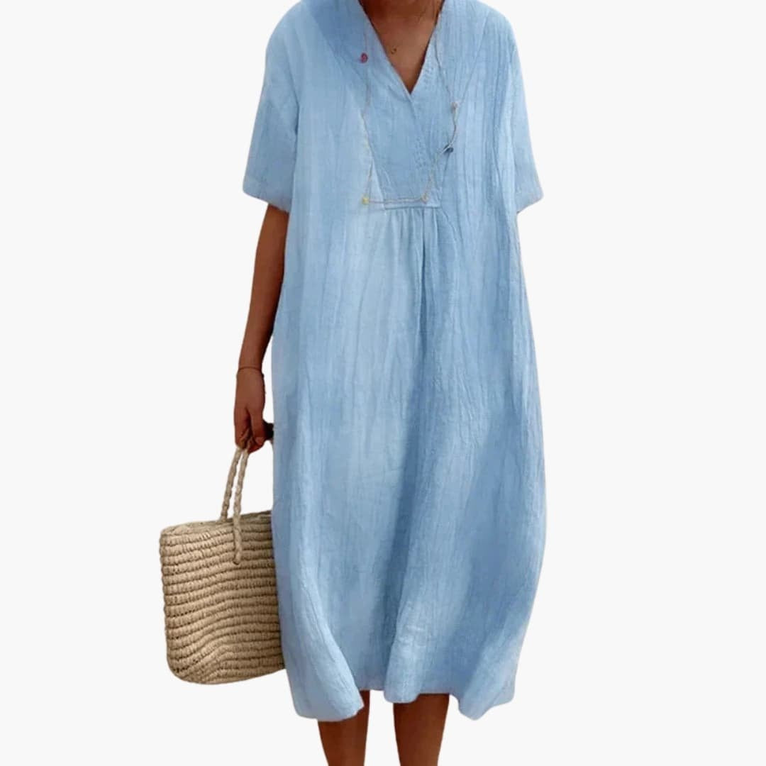 Women's Linen Midi Dress with V-Neck Short Sleeve