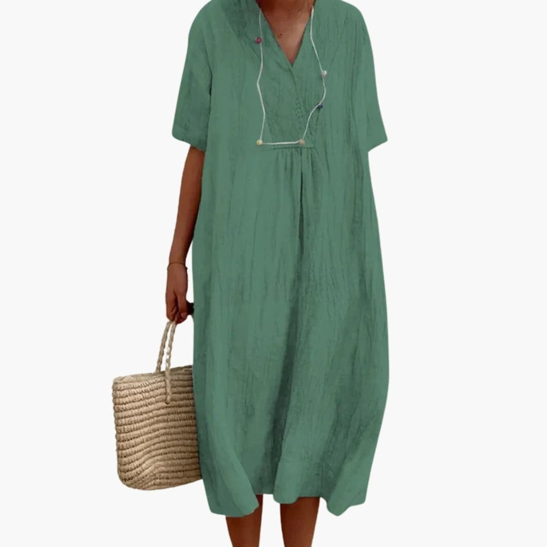 Women's Linen Midi Dress with V-Neck Short Sleeve