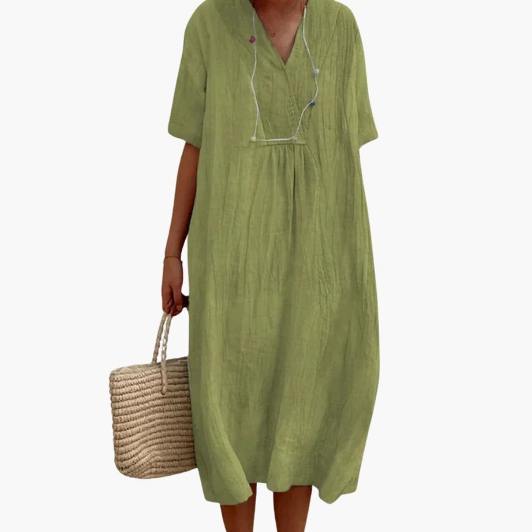 Women's Linen Midi Dress with V-Neck Short Sleeve