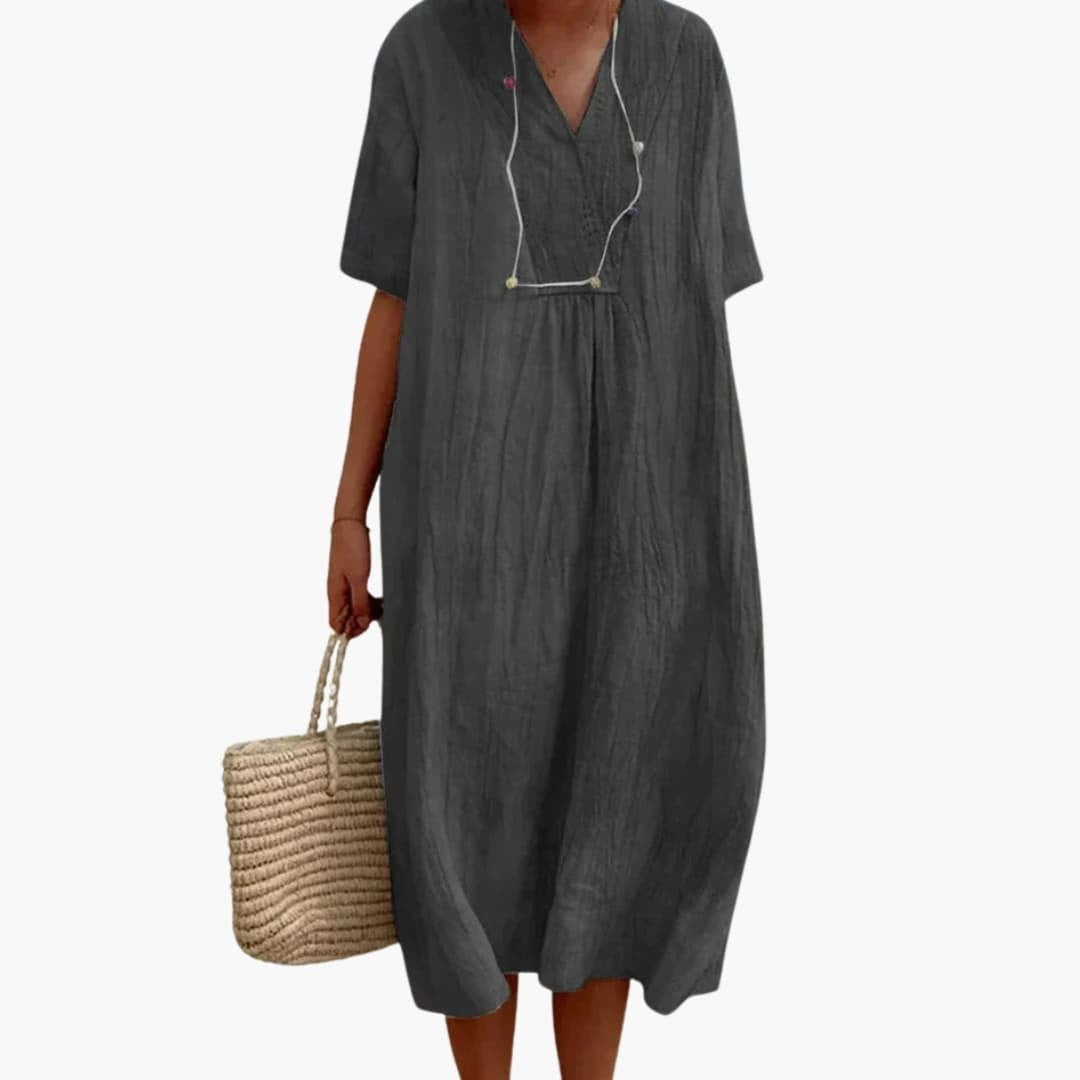 Women's Linen Midi Dress with V-Neck Short Sleeve