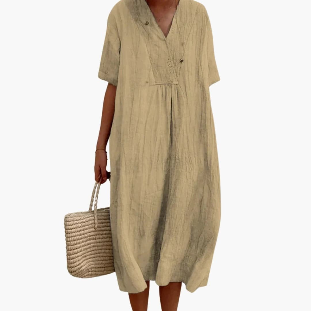 Women's Linen Midi Dress with V-Neck Short Sleeve