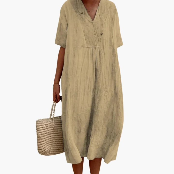 Women's Linen Midi Dress with V-Neck Short Sleeve
