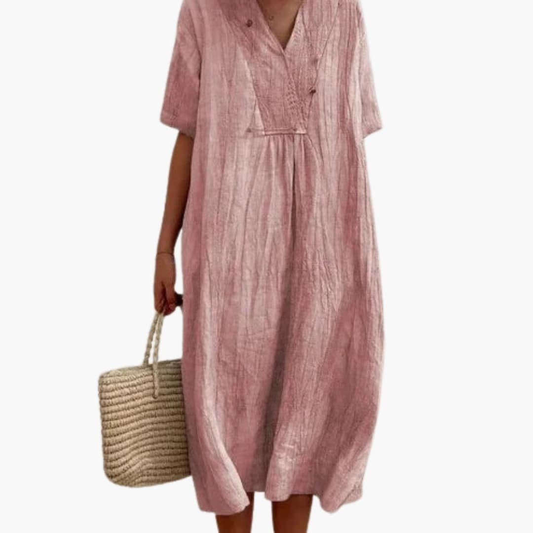 Women's Linen Midi Dress with V-Neck Short Sleeve