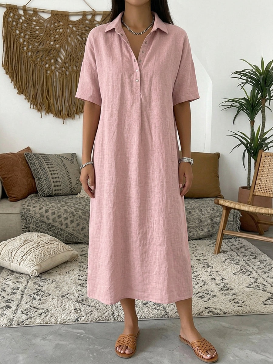 Women's Linen Midi Shirt Dress with Button Placket
