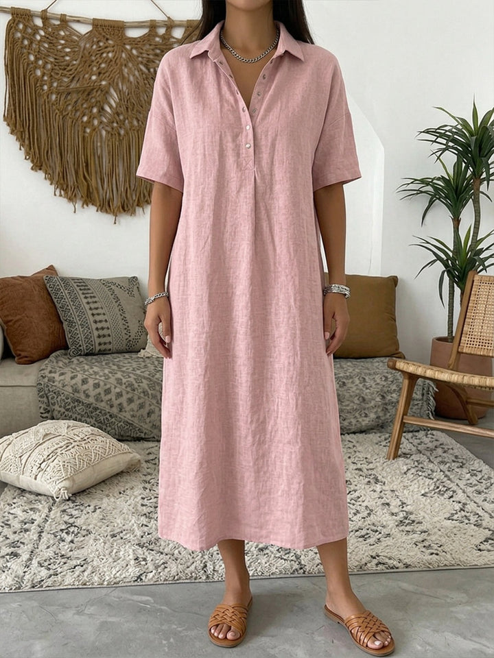 Women's Linen Midi Shirt Dress with Button Placket