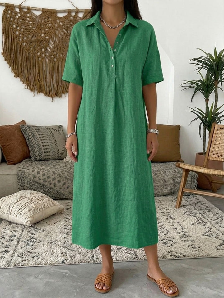 Women's Linen Midi Shirt Dress with Button Placket