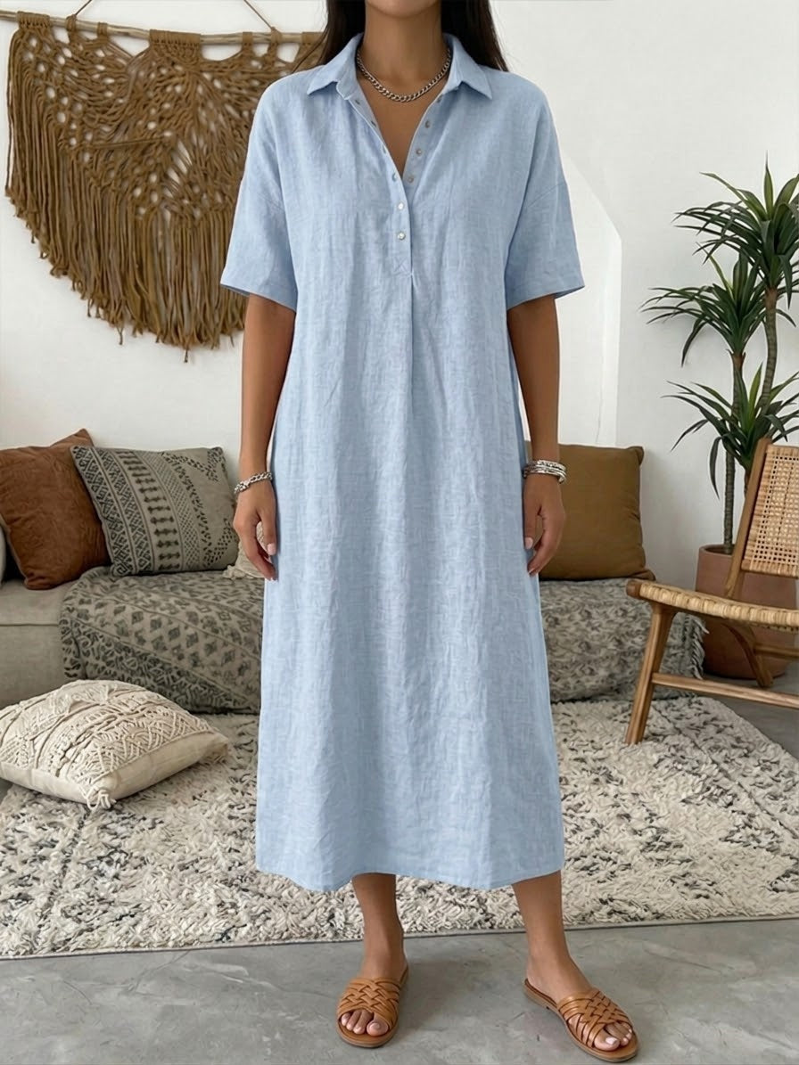 Women's Linen Midi Shirt Dress with Button Placket
