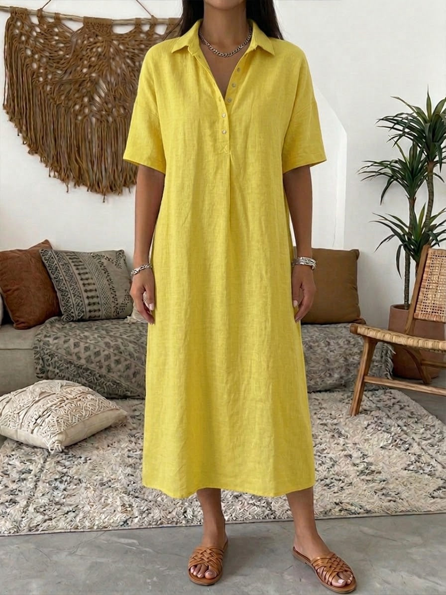 Women's Linen Midi Shirt Dress with Button Placket