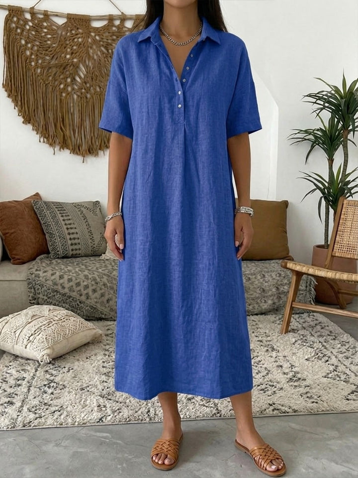 Women's Linen Midi Shirt Dress with Button Placket