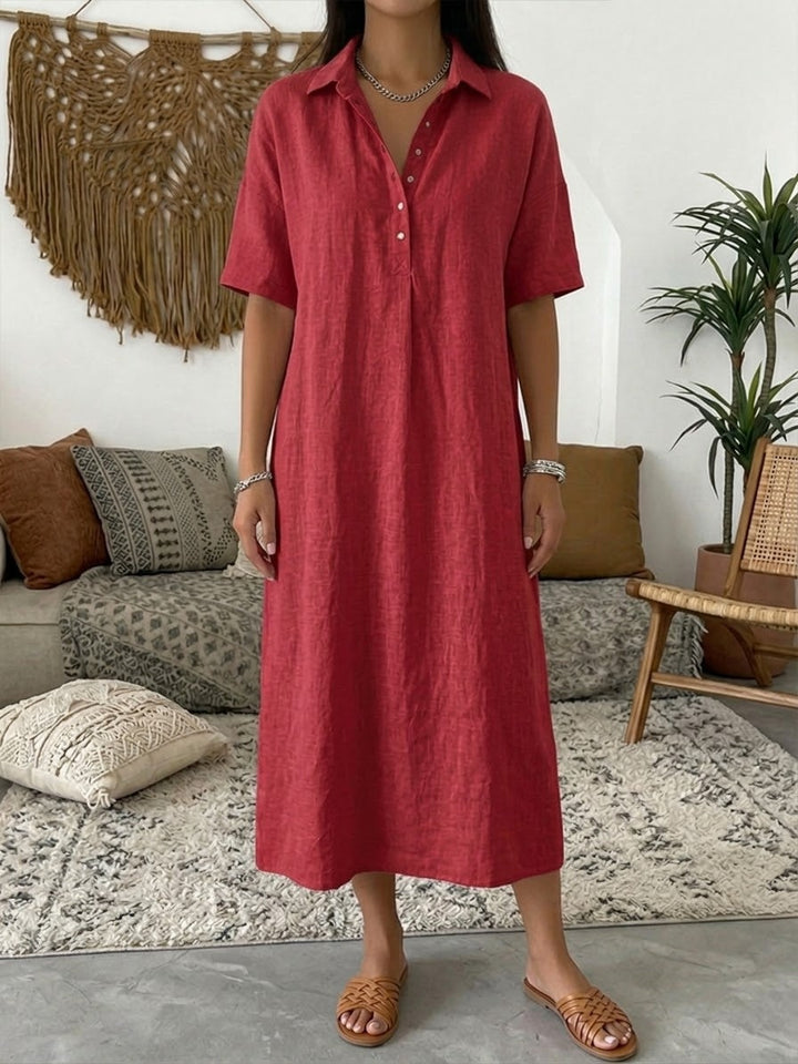 Women's Linen Midi Shirt Dress with Button Placket