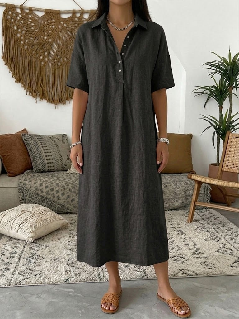 Women's Linen Midi Shirt Dress with Button Placket