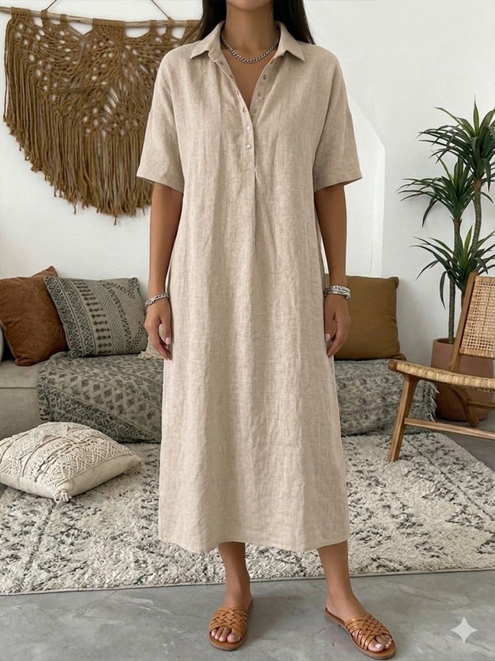 Women's Linen Midi Shirt Dress with Button Placket