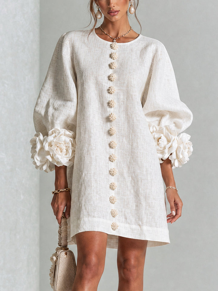 Women's Linen Mini Dress with Rose Cuffs Long Sleeve