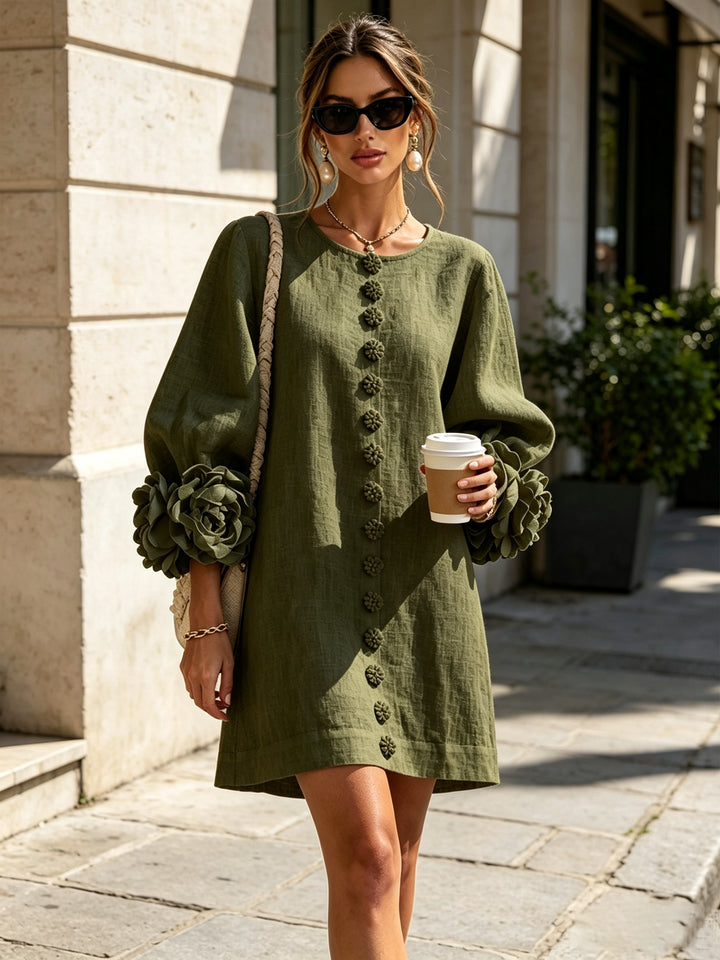 Women's Linen Mini Dress with Rose Cuffs Long Sleeve