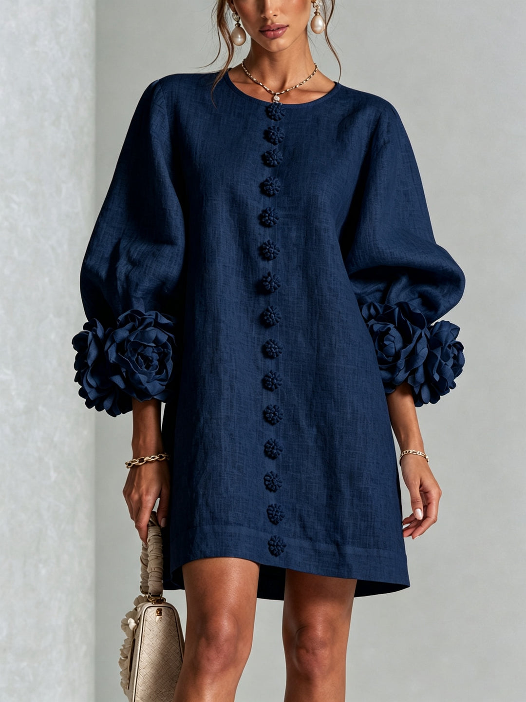 Women's Linen Mini Dress with Rose Cuffs Long Sleeve