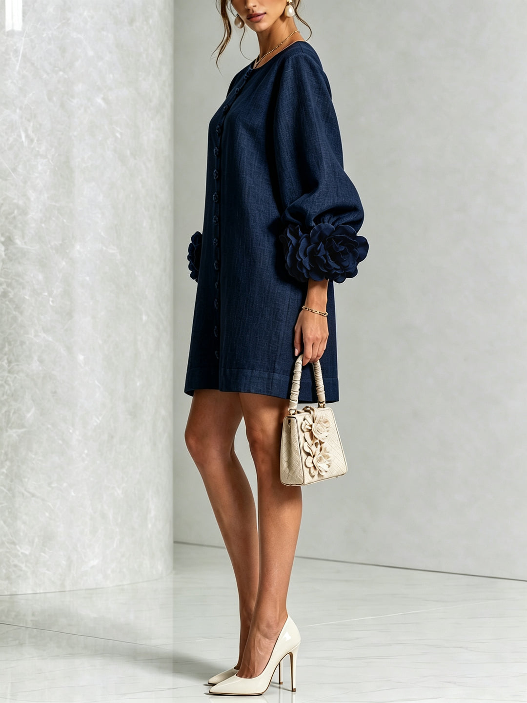 Women's Linen Mini Dress with Rose Cuffs Long Sleeve