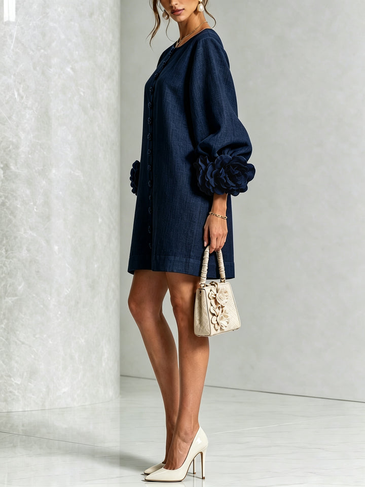 Women's Linen Mini Dress with Rose Cuffs Long Sleeve
