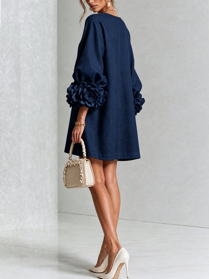 Women's Linen Mini Dress with Rose Cuffs Long Sleeve