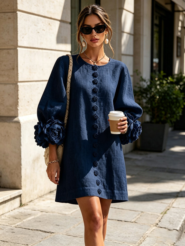 Women's Linen Mini Dress with Rose Cuffs Long Sleeve