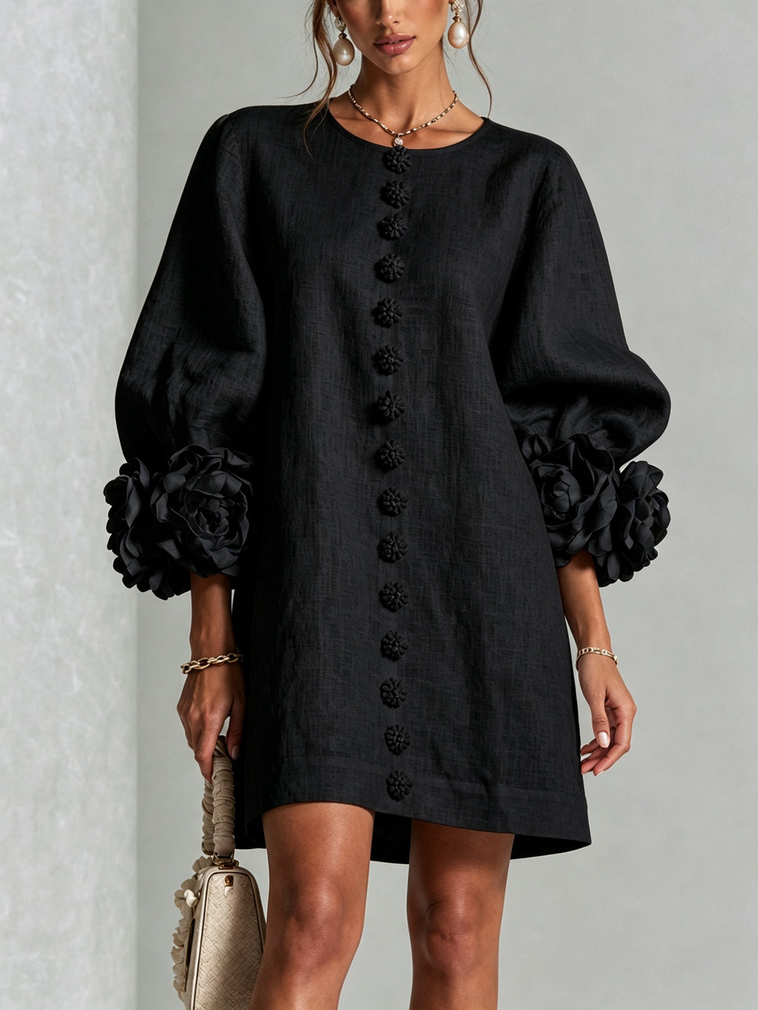 Women's Linen Mini Dress with Rose Cuffs Long Sleeve